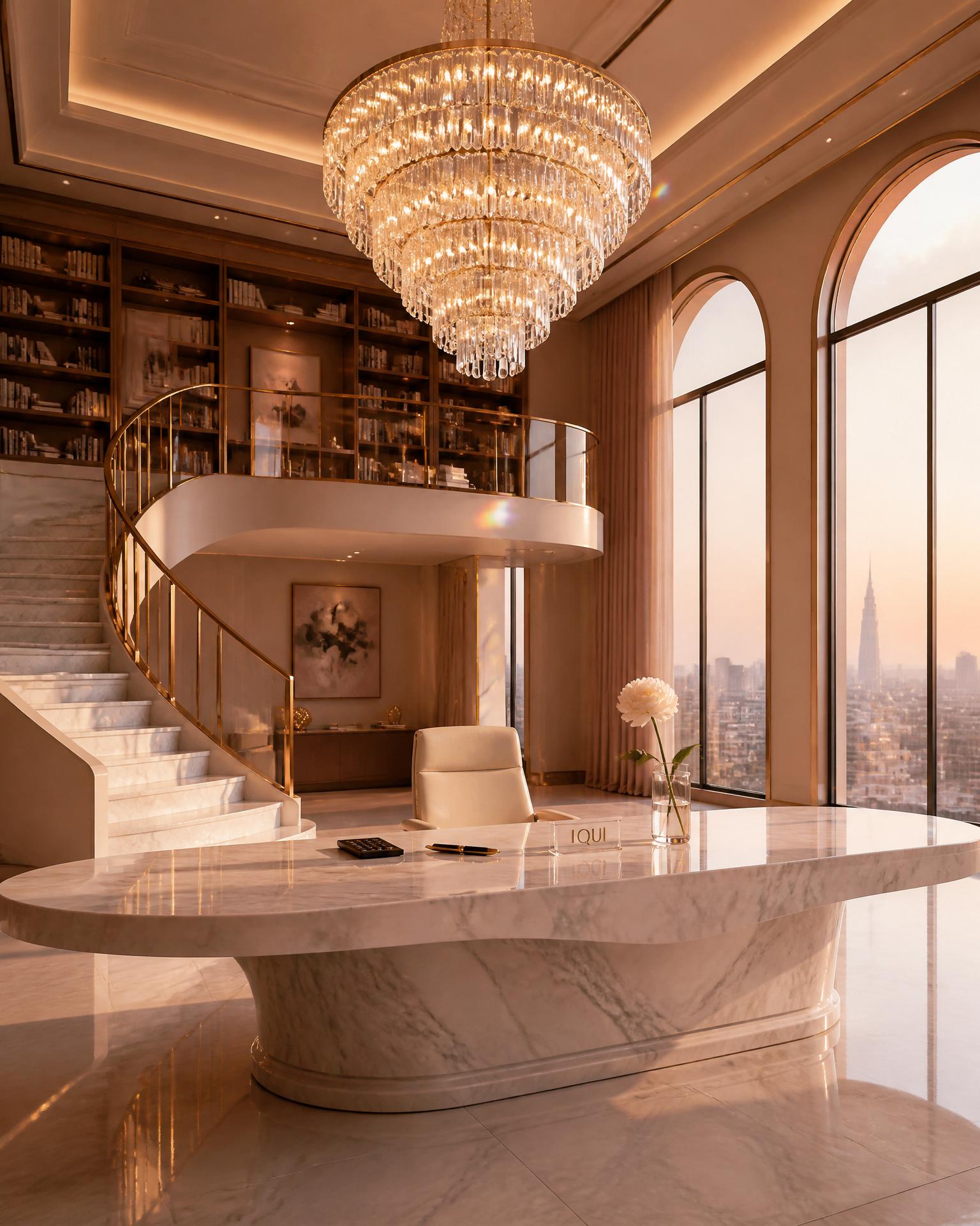 A two-story executive mezzanine office at golden hour — marble curved staircase, mezzanine library, enormous crystal chandelier, long sculptural marble desk with a sleek calculator and crystal IQUI nameplate.